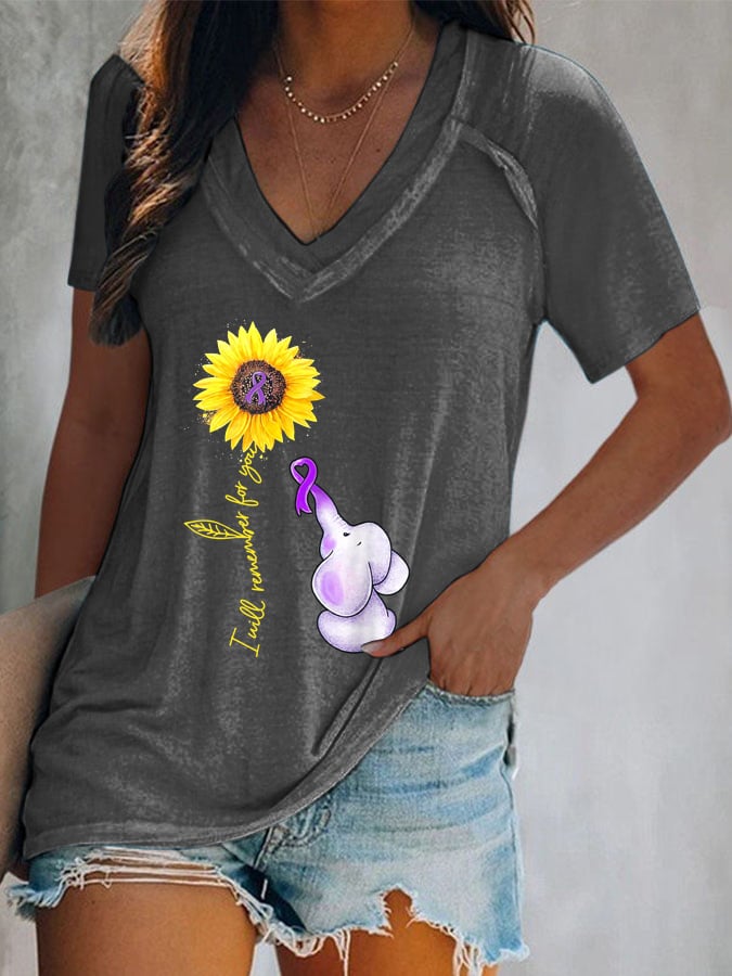 Women's Elephant I Will Remember For You Sunflower Alzheimer Print T-shirt