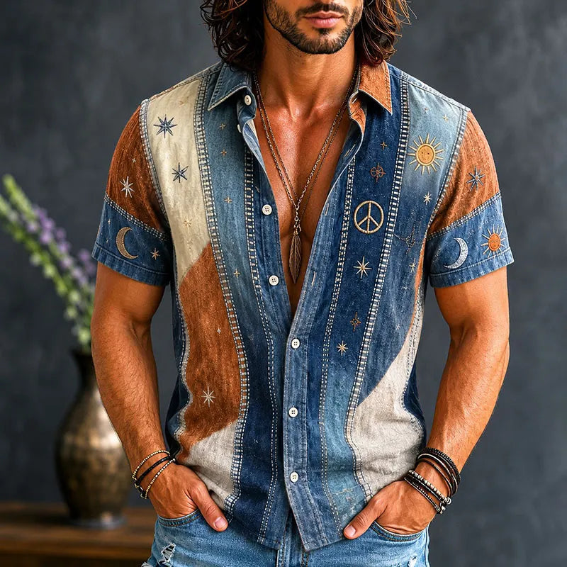 Men's Vintage Patchwork Peace Sign Sun Moon Star Art Print Cotton Linen Shirt