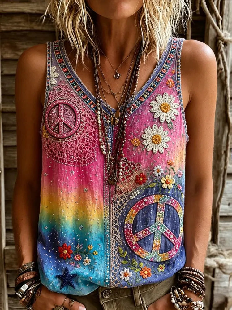Women's Vintage Hippie Floral Patchwork Art V-neck Casual Tank Top