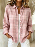 Women's Pink Plaid Print Lapel Long Sleeve Shirt