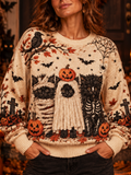 Women's Halloween Three Cats In Costume (mummy, Ghost, Skeleton) With Pumpkins Graphic Knitted Sweater