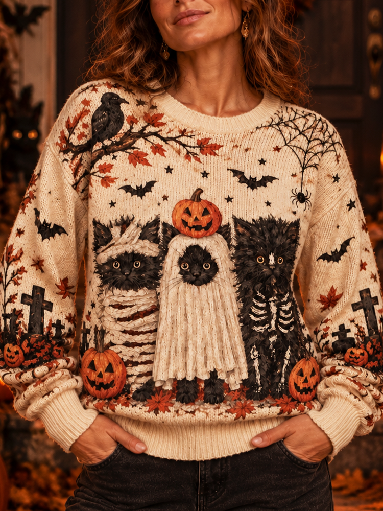 Women's Halloween Three Cats In Costume (mummy, Ghost, Skeleton) With Pumpkins Graphic Knitted Sweater