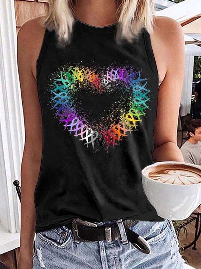 Women's All Cancer Awareness Heart Ribbon Print Tank Top