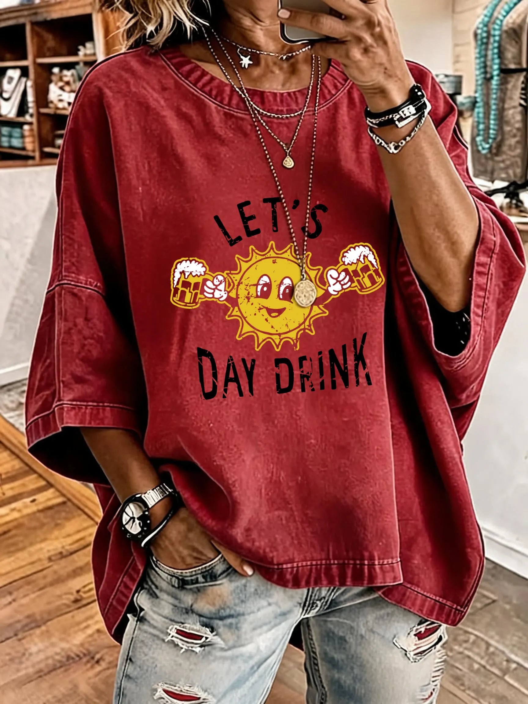 Women'S Vintage Distressed Washed Lets Day Drink Oversized T-Shirt