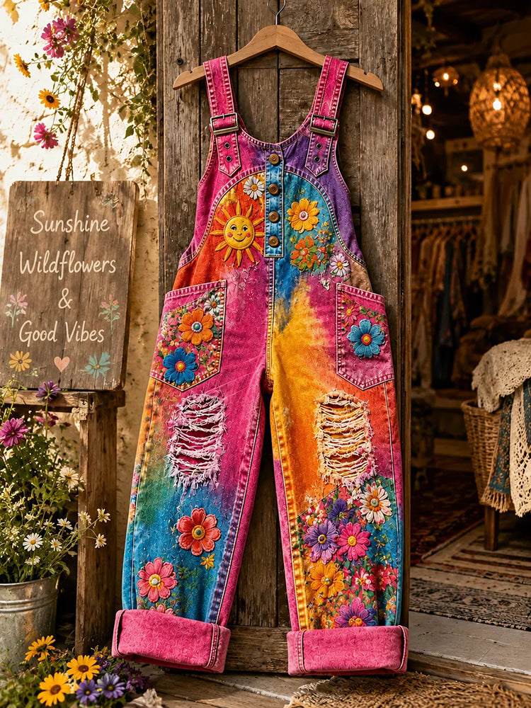 Women's Retro Tie-dye Floral Sun Casual Cotton Linen Overalls
