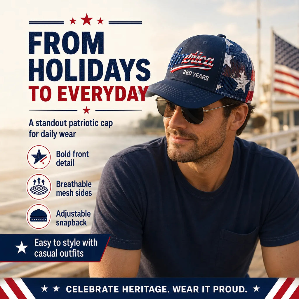 ❤️ 🇺🇸 America 250 Years Patriotic Embroidered Mesh Trucker Cap