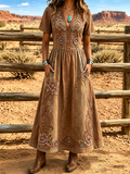 Women'S Western Style V-Neck Short Sleeved Floral Pattern Dress