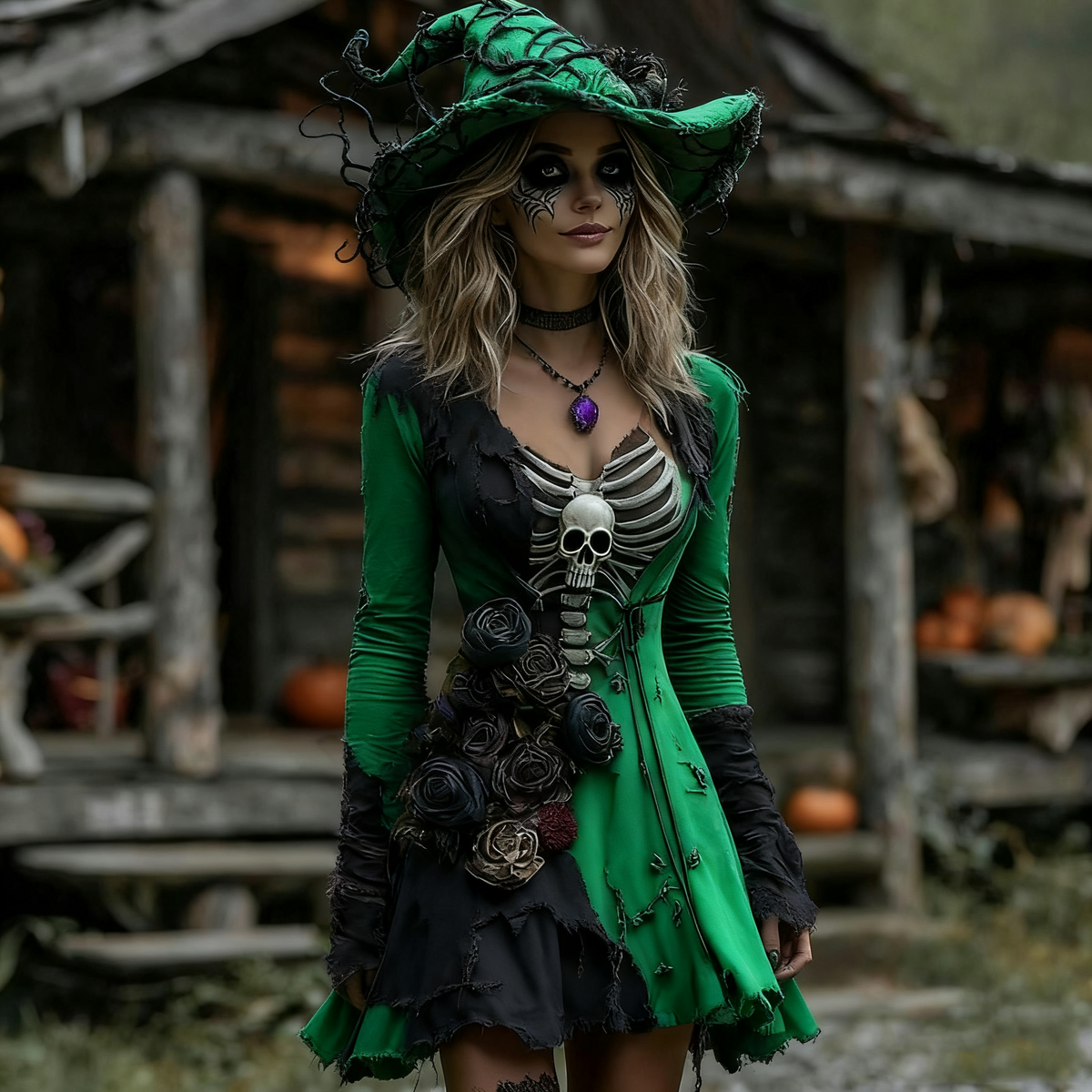 Women's Halloween Rose Skeleton  Cosplay Midi Dress