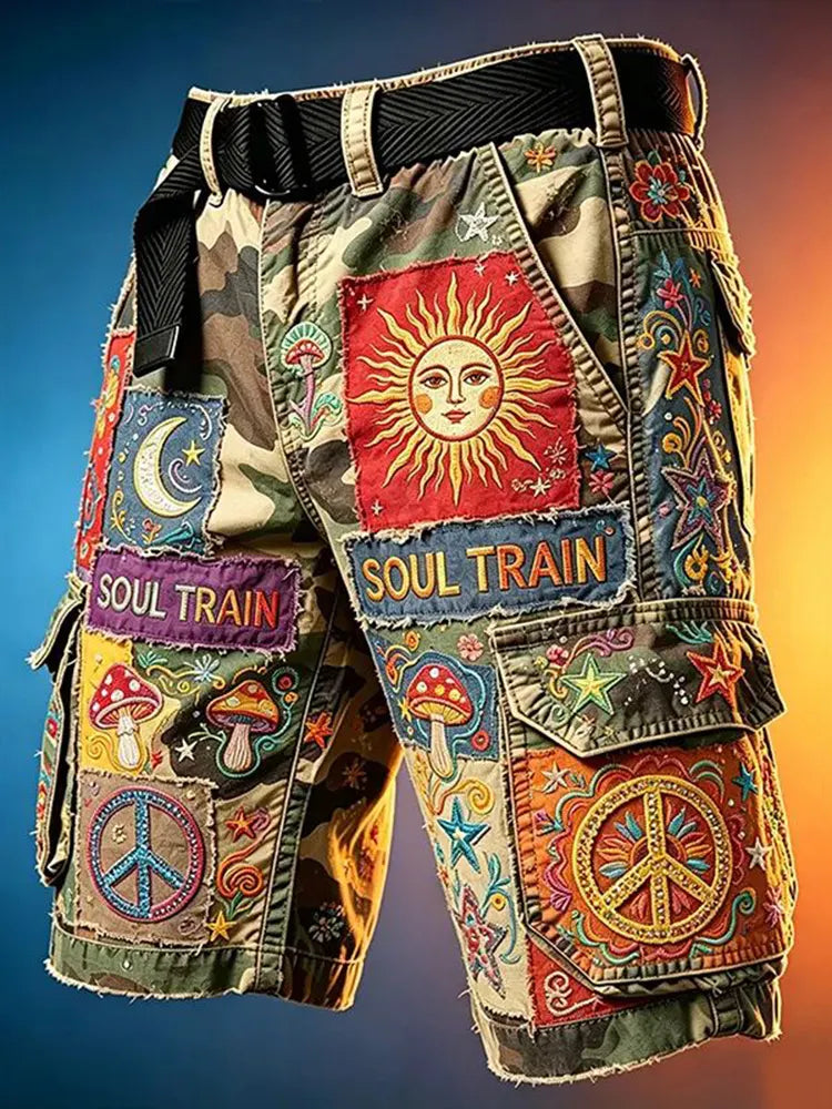 Men's Retro Ethnic Hippie Style Sun And Moon Color Block Shorts