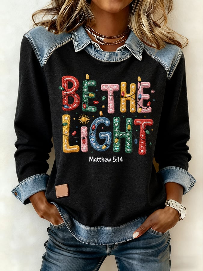 Women's casual autumn and winter look: denim patchwork sweatshirt