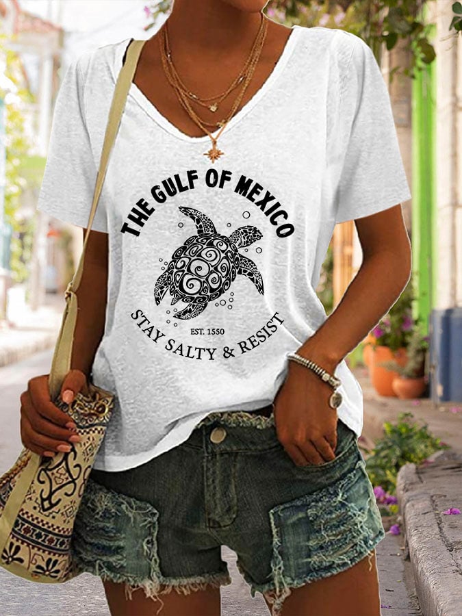 Women's The Gulf Of Mexico Print V Neck Casual T-Shirt