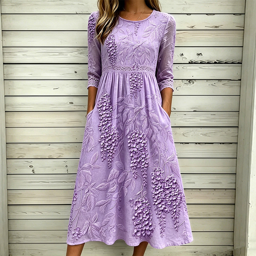 Elegant Purple Wisteria Embroidery Art Flowy Linen Maxi Dress