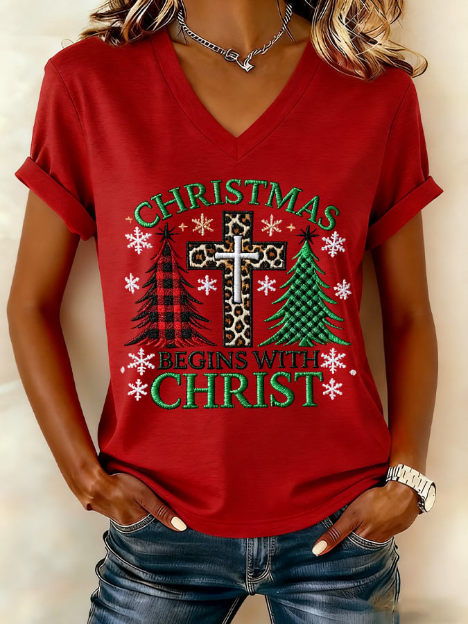 Women's Christmas Cross Print V-Neck T-Shirt