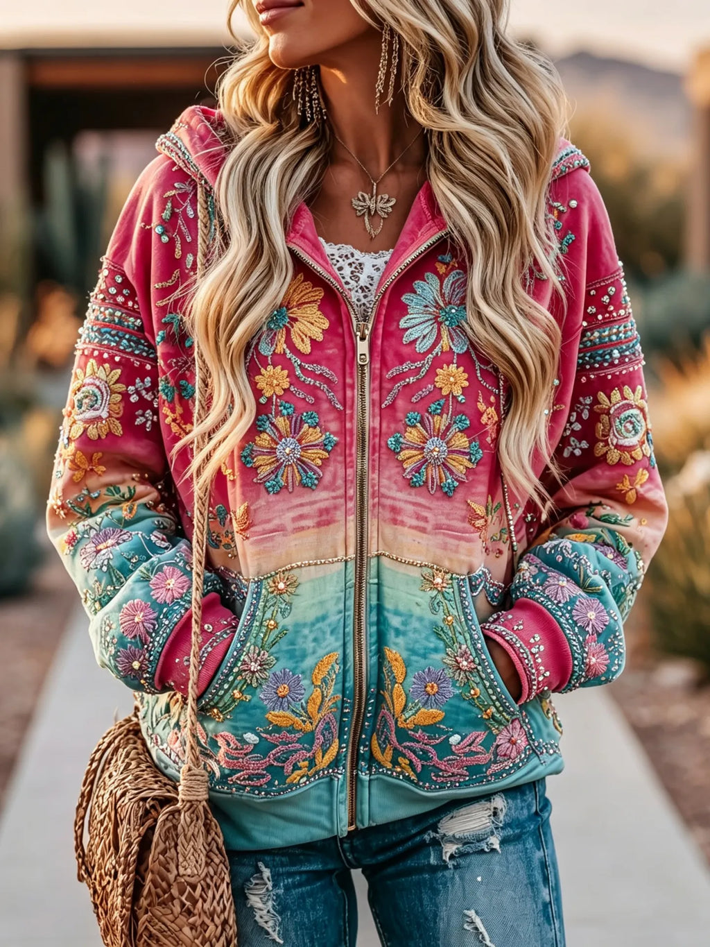 Women's Vintage Hippie Gradient Floral Art Cozy Warm Zipper Hoodie