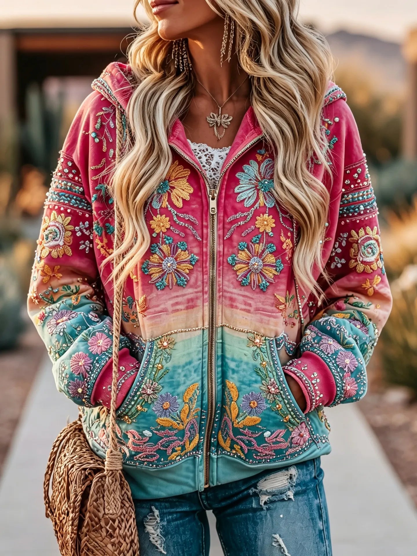 Women's Vintage Hippie Gradient Floral Art Cozy Warm Zipper Hoodie