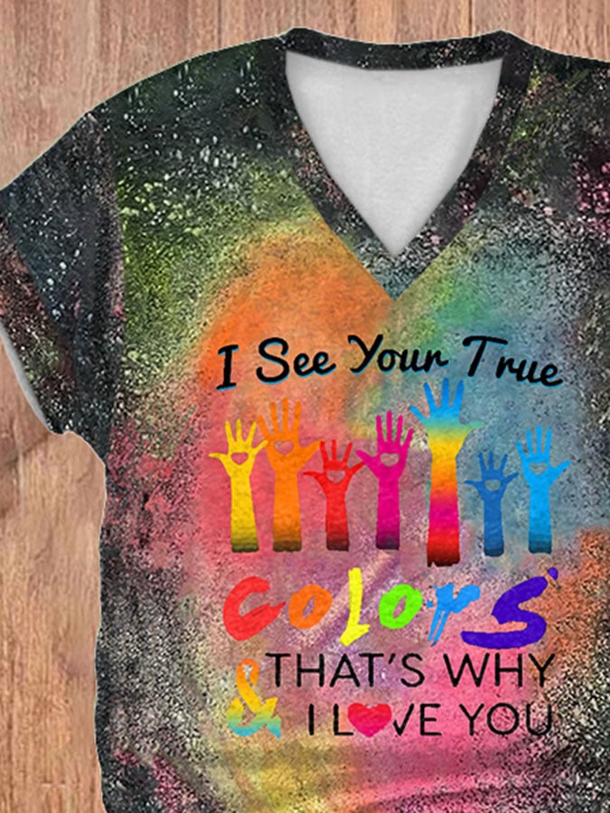 V-neck Tie Dye Autism Awareness I See Your True Colors Hands Print T-Shirt