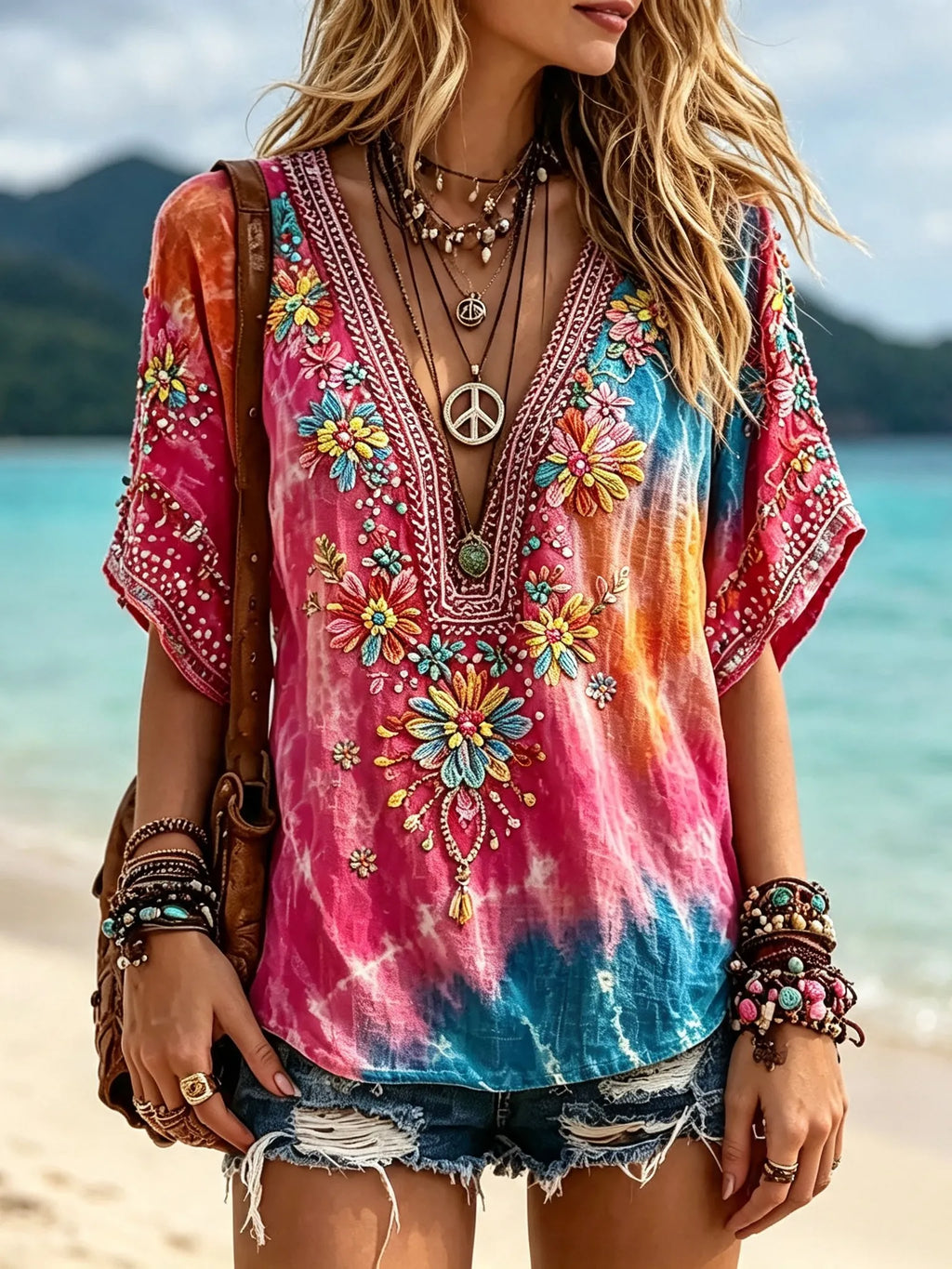 Women's Vintage Hippie Floral Art Linen Blend Short Sleeve Tops