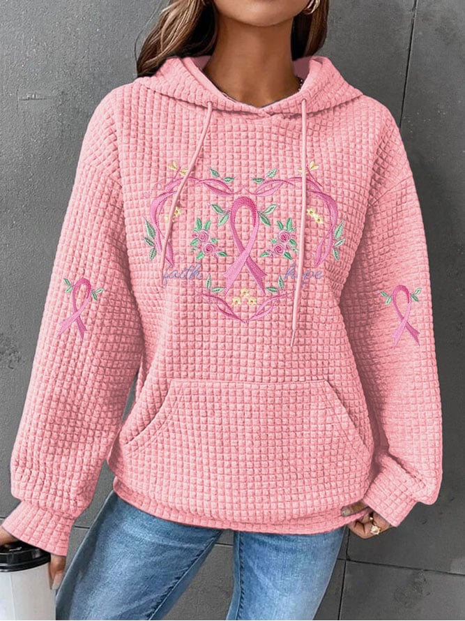 Women's Breast Cancer Pink Flower Print Casual Sweet Hooded Sweatshirt