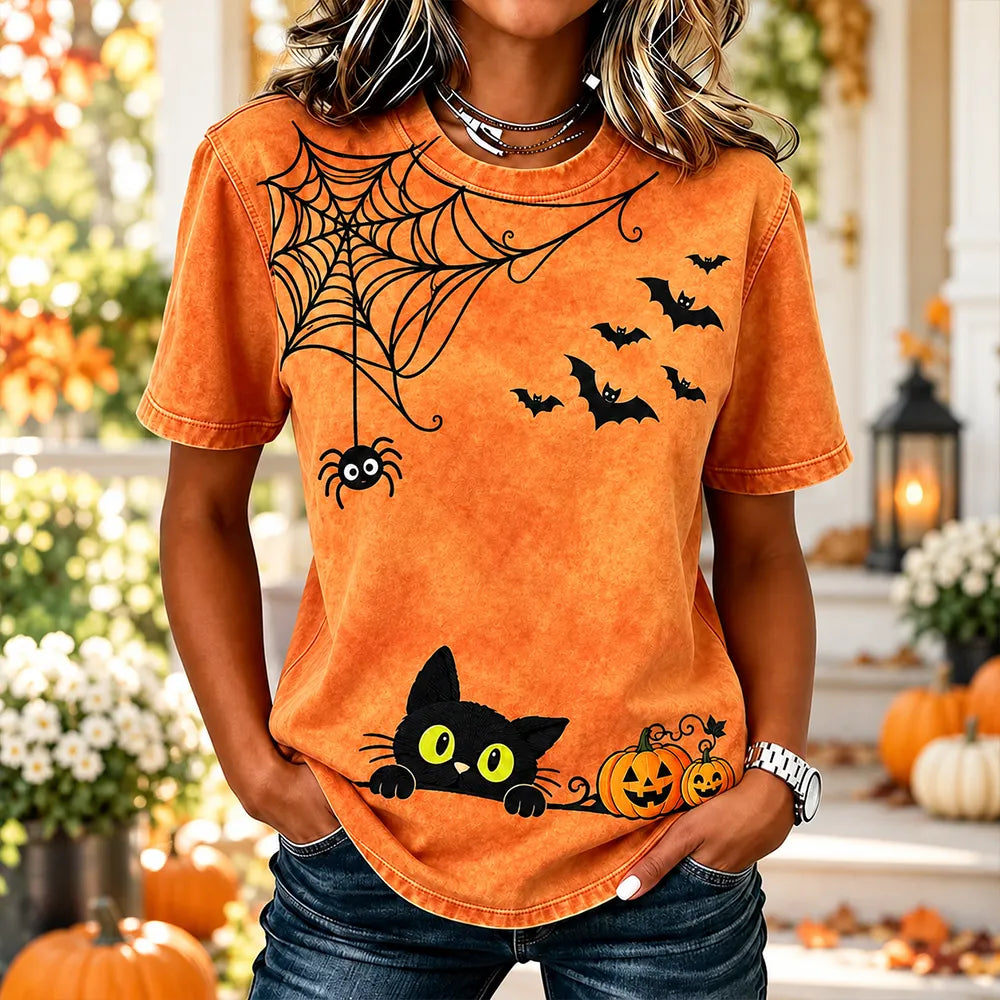 Women's Halloween Black Cat, Spider Web And Bats Casual T-shirt