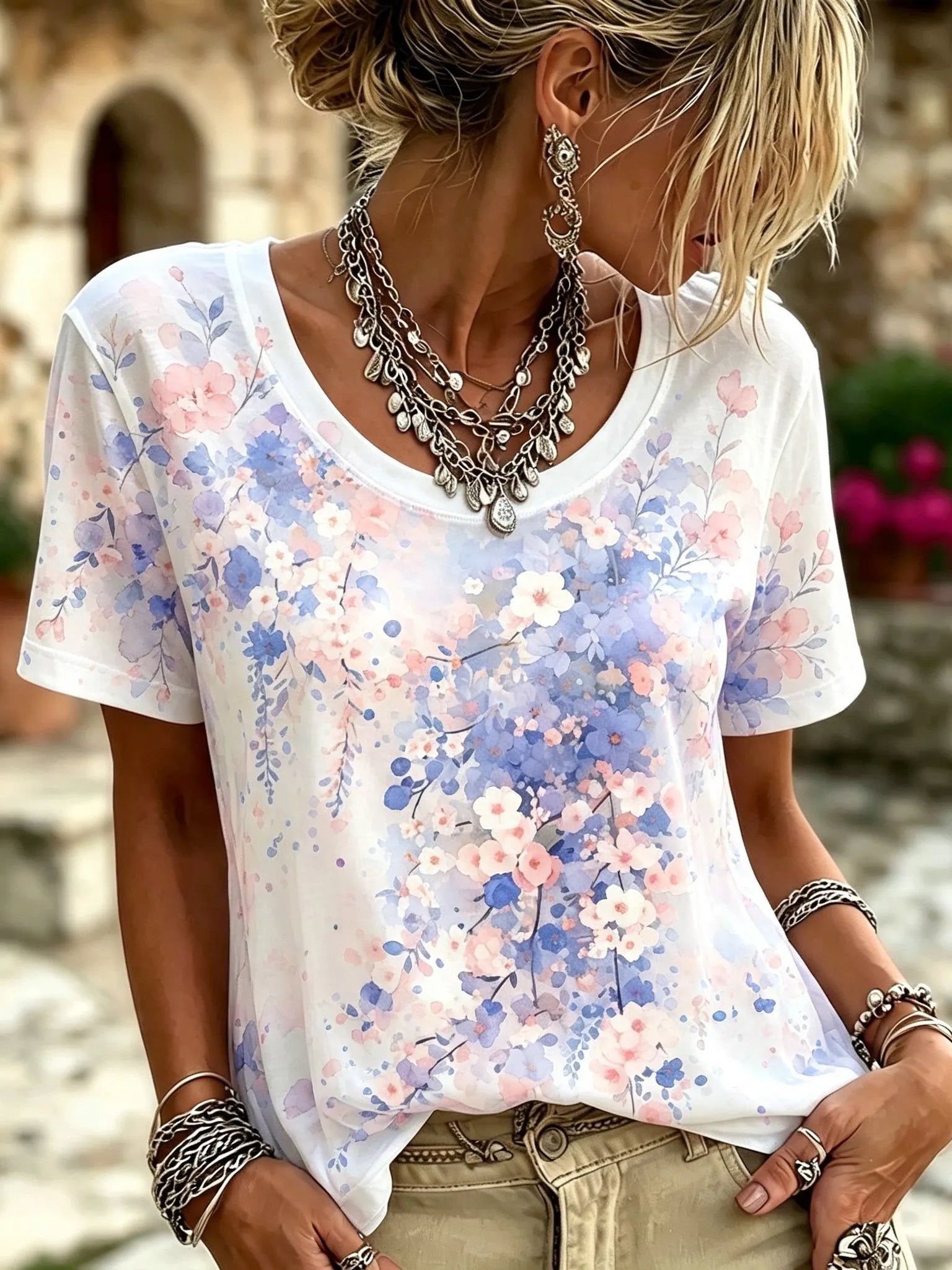 Women's Retro Bohemian Japanese Art Floral Print T-shirt
