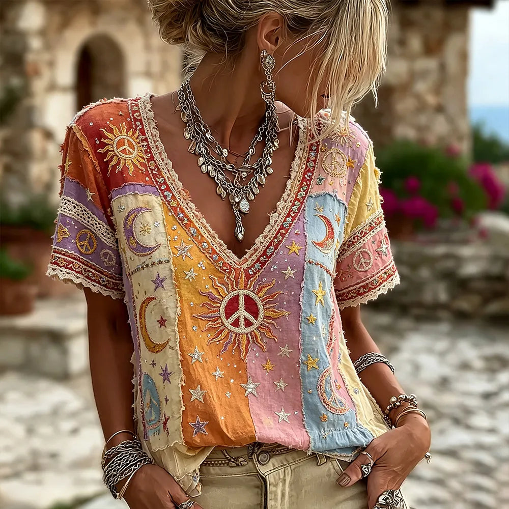 Women's Vintage Hippie Sun Moon Stars Art Patchwork Comfortable Cotton Linen V-neck Short Sleeve Top