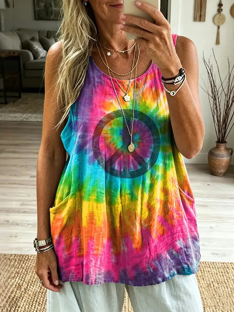 Women's Tie-dye Hippie Print Linen Vest