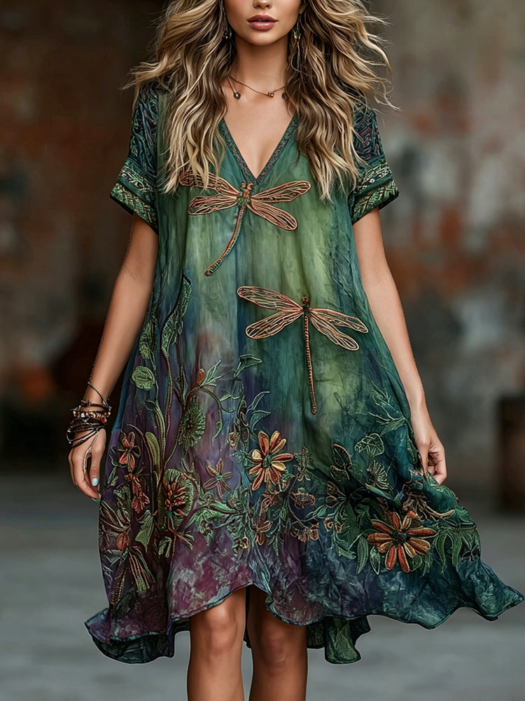 Women's Vintage Dragonfly And Floral Gradient Art Comfy Linen Mini Dress
