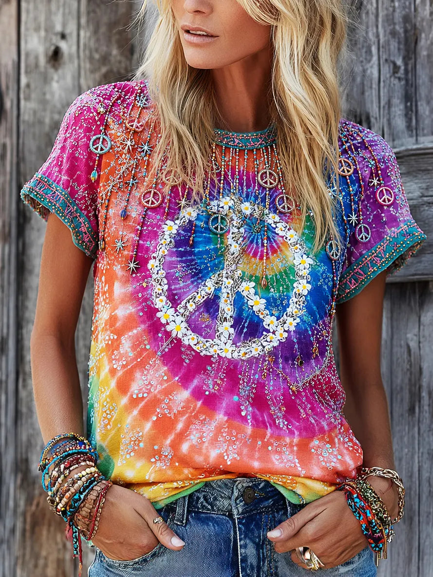 Women's Hippie Vintage Peace Sign Daisy Tie Dye Linen Blend Round Neck T-shirt