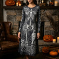 Women's Gothic Halloween Skull Rose Spiderweb Print Long-sleeved Midi Dress