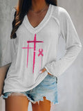 Women's Breast Cancer Awareness Print V-Neck Casual T-Shirt
