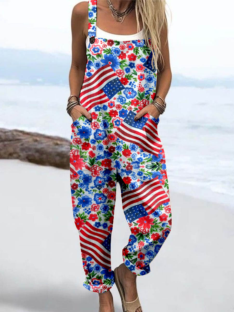 Wome'S Vintage American Flag And Flowers Print Casual Cotton Wide Leg Jumpsuit