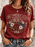 Women's Sweet Land of Liberty Floral USA Patriotic T-Shirt