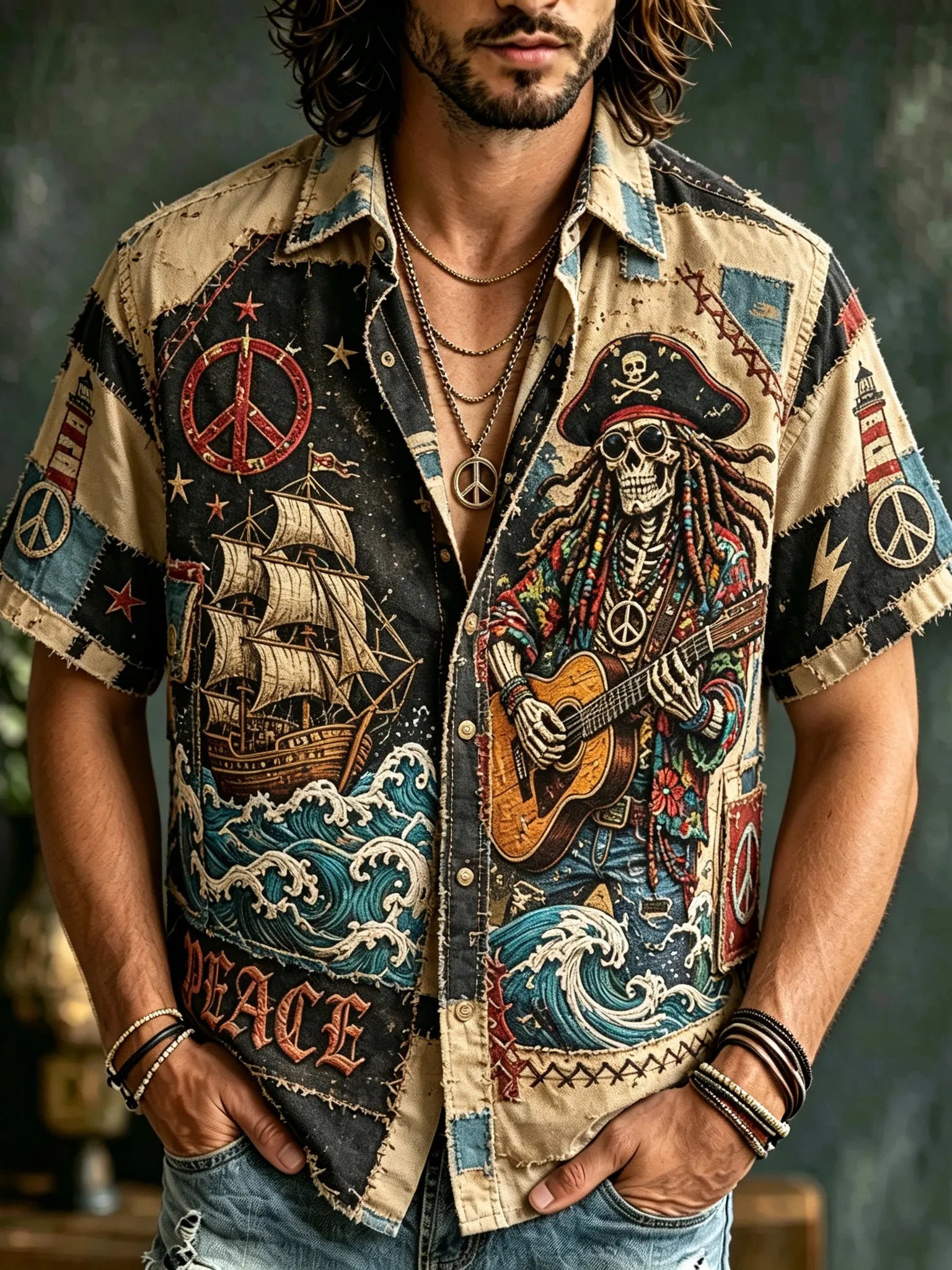 Men's Retro Nautical Skull Guitar Hippie Design Short-sleeve Shirt