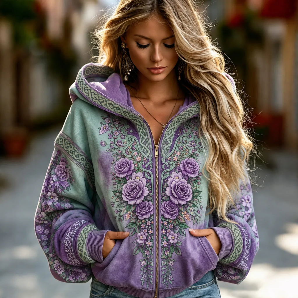 Women's Vintage Celtic Knot Floral Gradient Art Comfy Zipper Hoodie