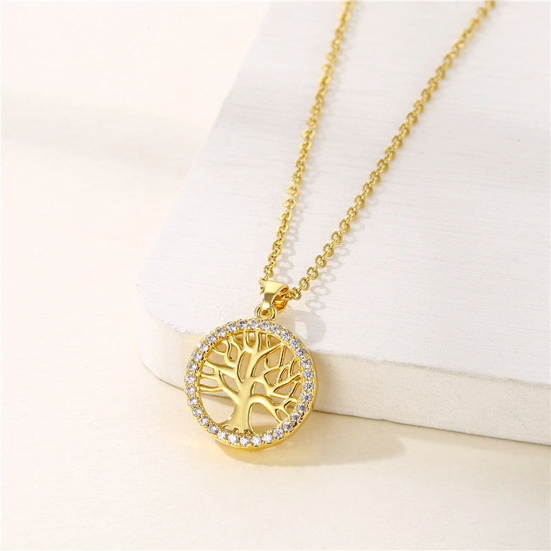 Round Hollow Tree of Life Pendant Necklace Geometric Clavicle Chain