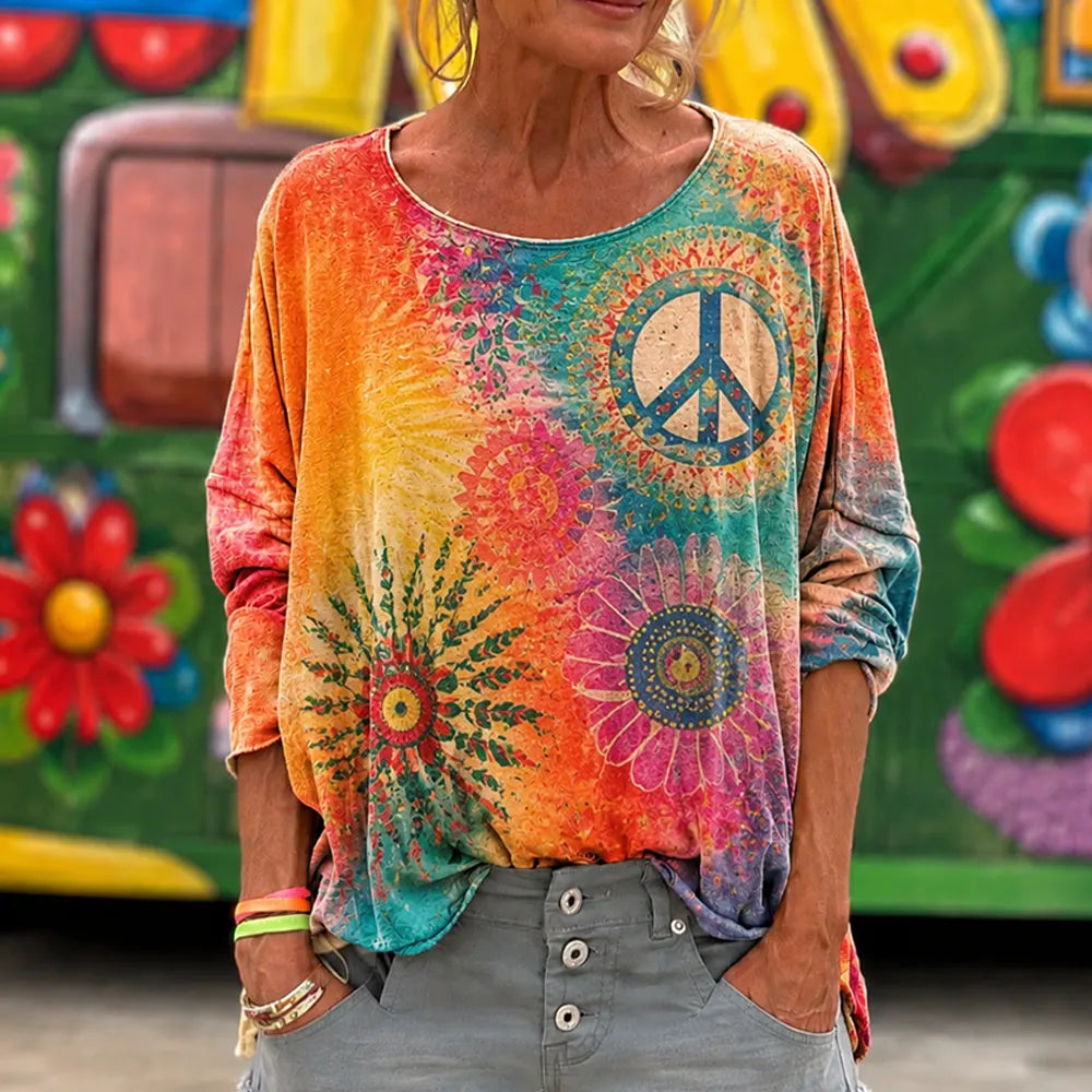 Women's Boho Colorful Peace Sign & Floral Print Long-sleeve T-shirt