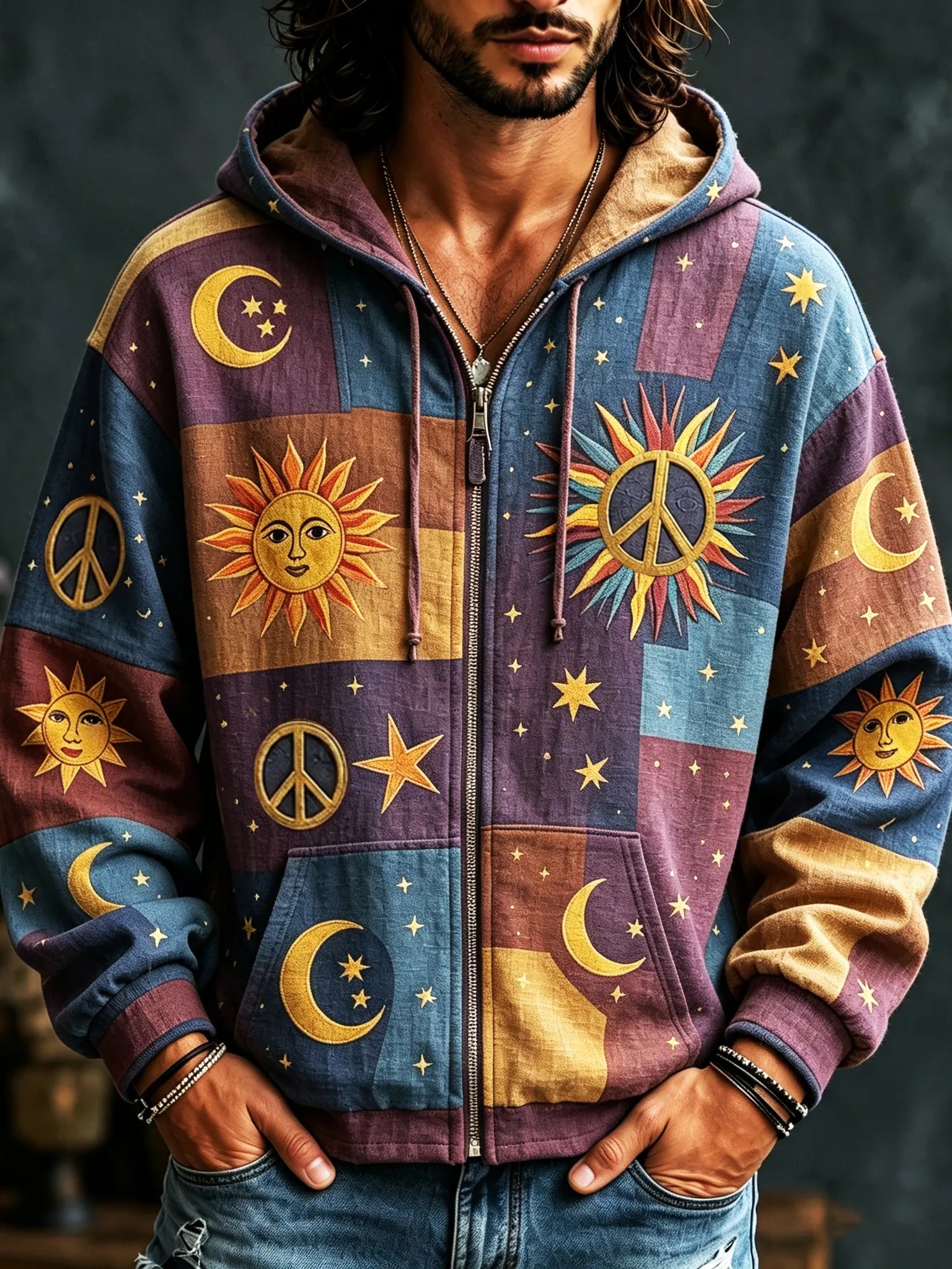 Men's Vintage Sun Moon Star Peace Sign Patchwork Art Cozy Warm Zipper Hoodie