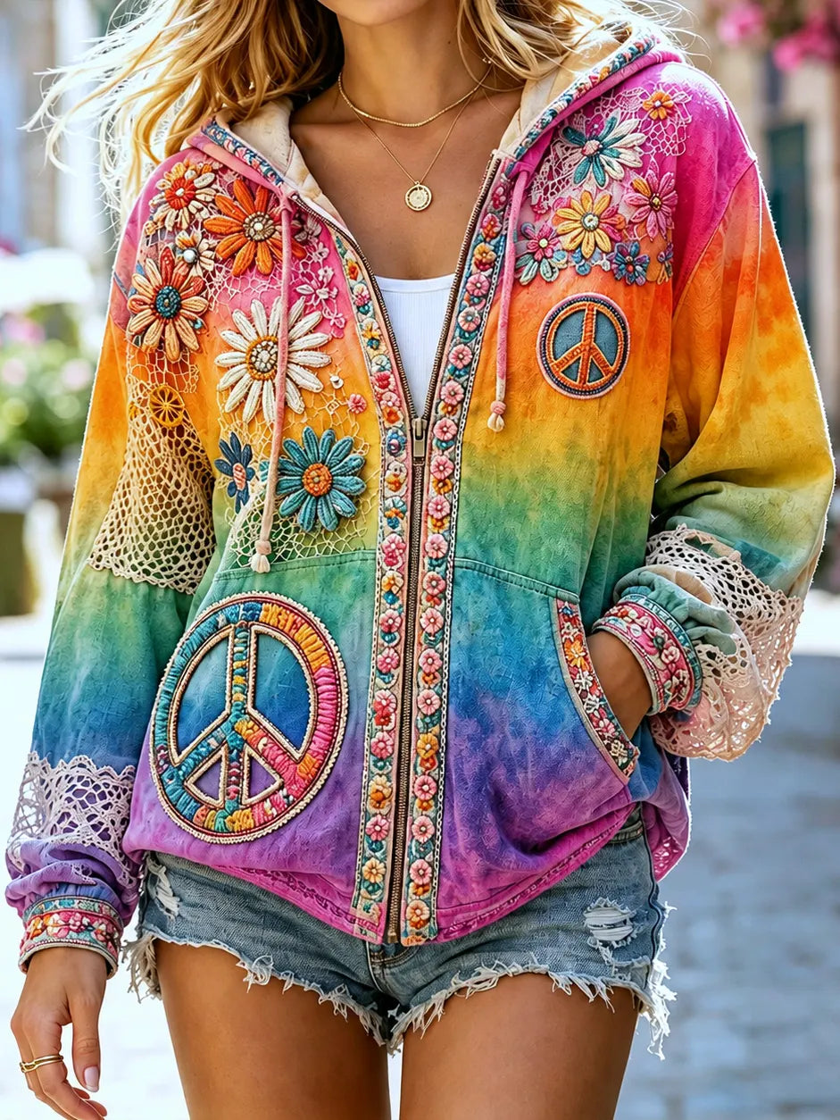 Women's Vintage Hippie Floral Gradient Art Comfy Zipper Hoodie