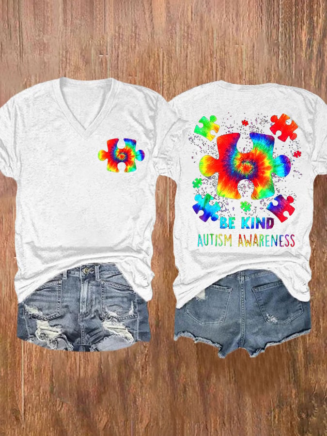 V-neck Retro Autism Awareness Be Kind Print T-Shirt