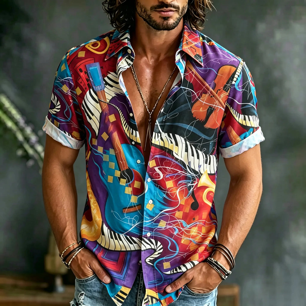 Men's Hippie Musical Instrument Art Print Linen Blend Short-sleeved Shirt