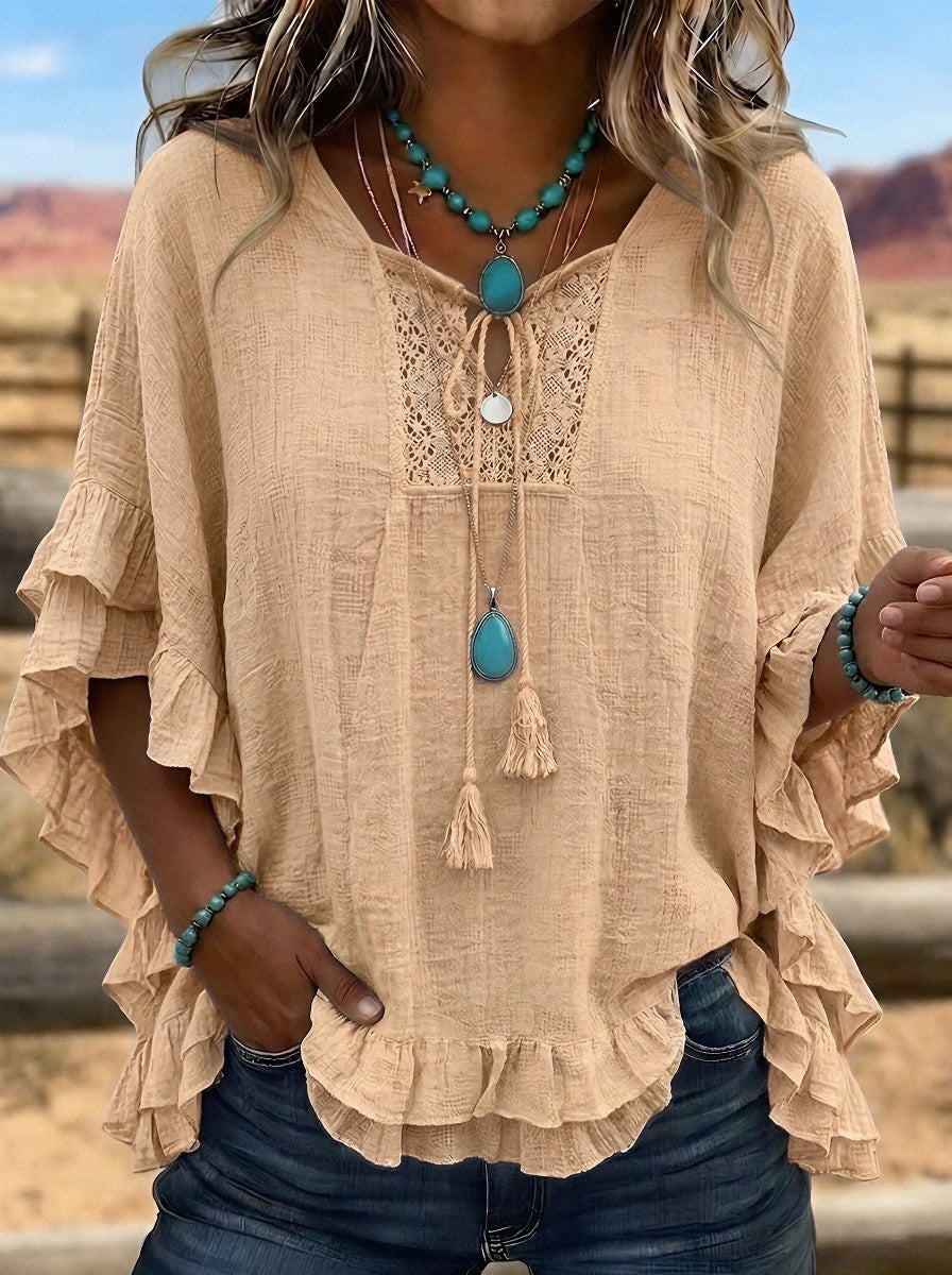 Women's Western Vintage Boho Lace Trim Ruffle Sleeve Printed Top