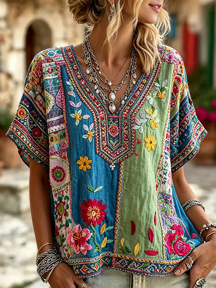 Women's Retro Floral Patchwork Art Ethnic Pattern Embroidered Cotton Linen V-neck T-shirt