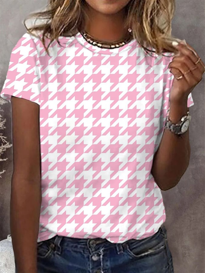 Women's Pink Houndstooth Breast Cancer Awareness Warrior Tee