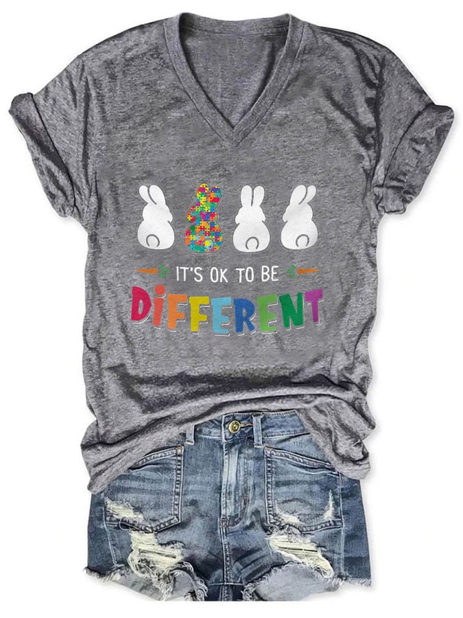 V-neck Autism Awareness Bunny It's Ok To Be Different Print T-Shirt