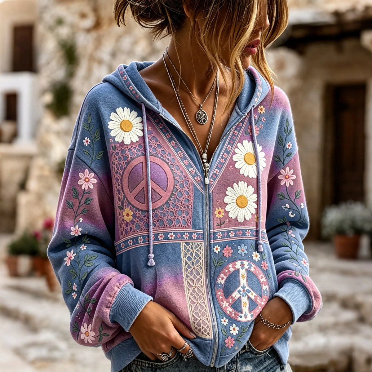 Women's Vintage Hippie Floral Patchwork Art Comfy Zipper Hoodie
