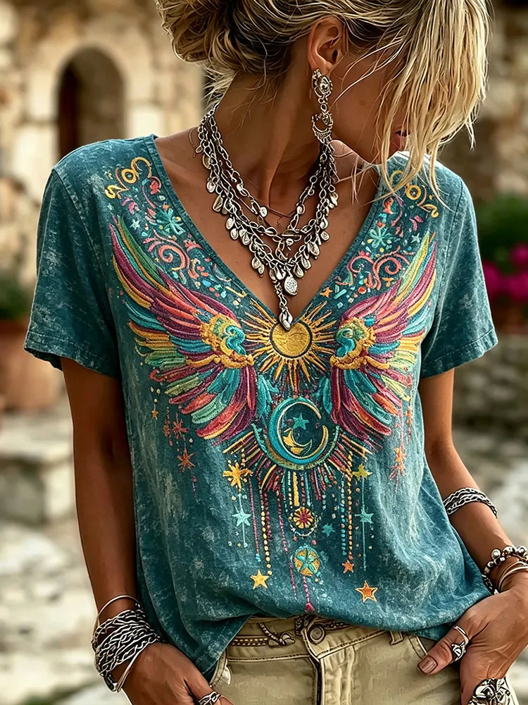 Hippie Washed Teal Colorful Phoenix Wing Sun Moon Embroidery Star Casual Top For Women