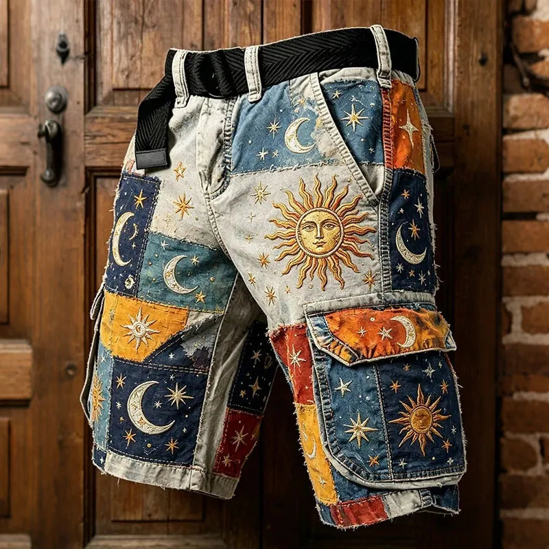 Men's Hippie Art Sun Moon Patchwork Print Cargo Shorts