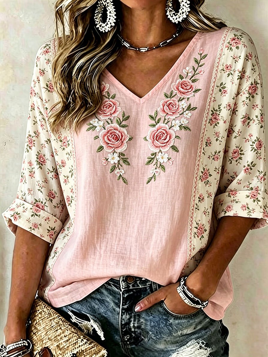 Women's Casual Printed Cotton-Linen Top