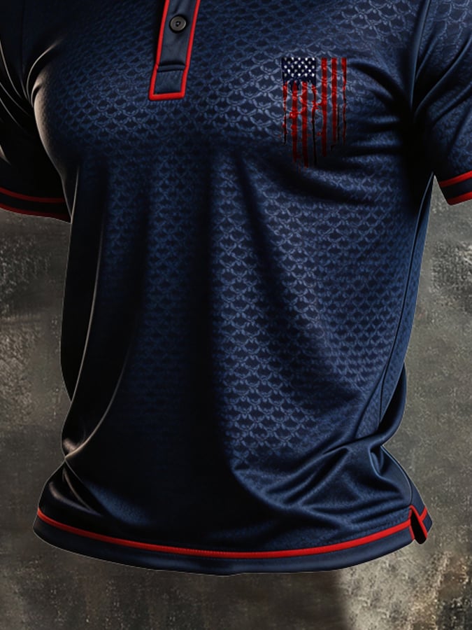 Men's Retro Patriotic Color-Block Short-Sleeve Polo Shirt