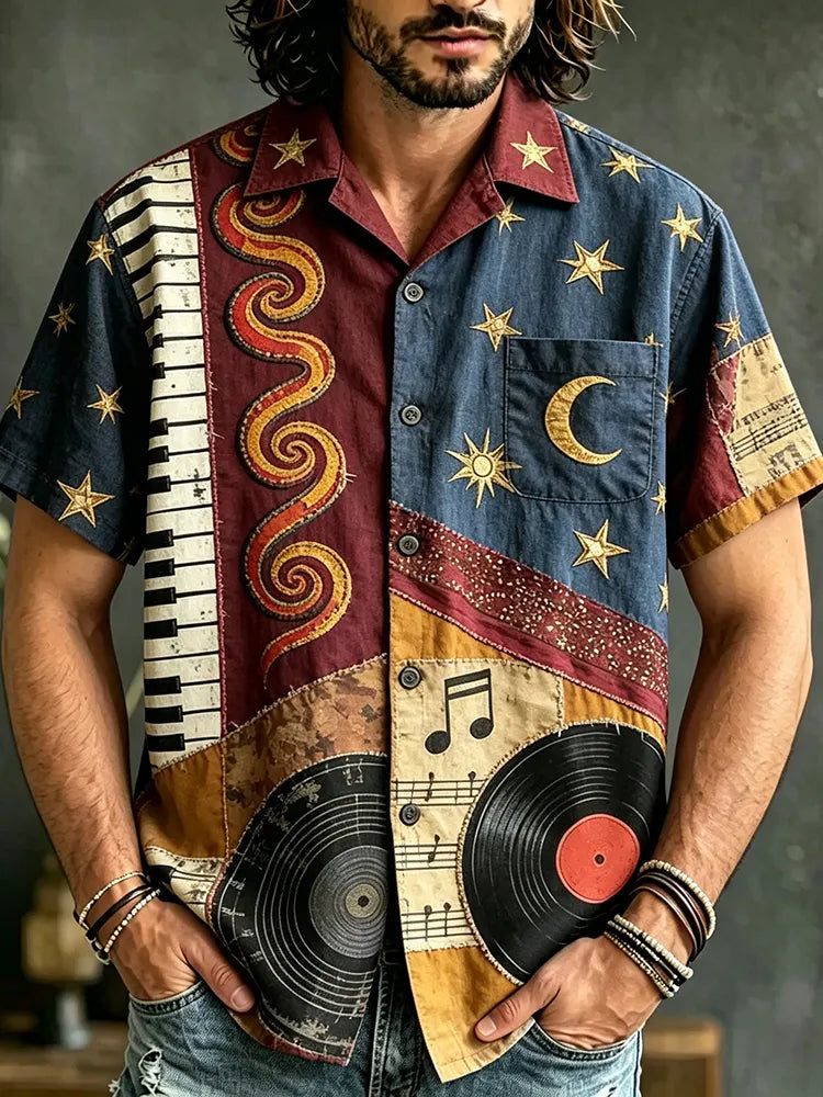 Men's Hippie Style Piano Vinyl Record Music Print Casual Short-sleeved Shirt